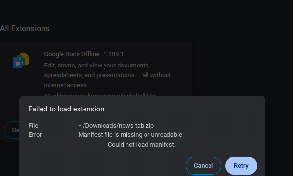 Hộp thoại Chrome: Failed to load extension. File ~/Downloads/aidr.zip. Error: Manifest file is missing or unreadable. Could not load manifest.