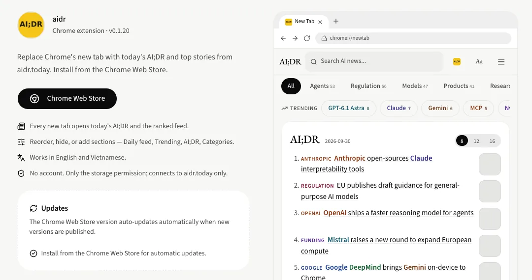 Tab Chrome trên trang Nhận AI;DR: thẻ tiện ích với nút Chrome Web Store bên cạnh bản xem trước tab mới.