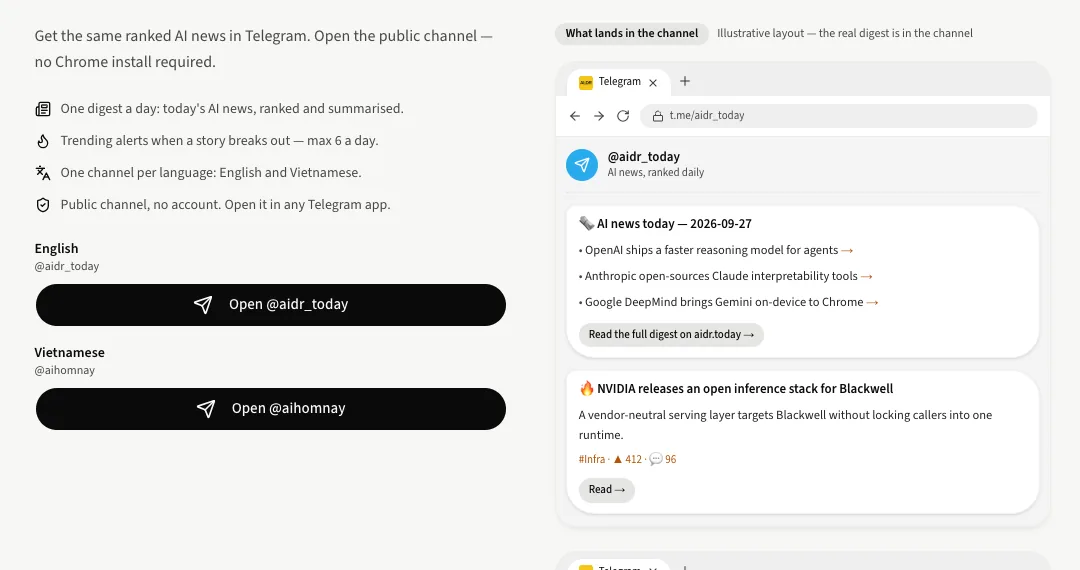 Tab Telegram trên trang Nhận AI;DR, có nút mở @aidr_today và @aihomnay cùng bản xem trước một bài đăng.