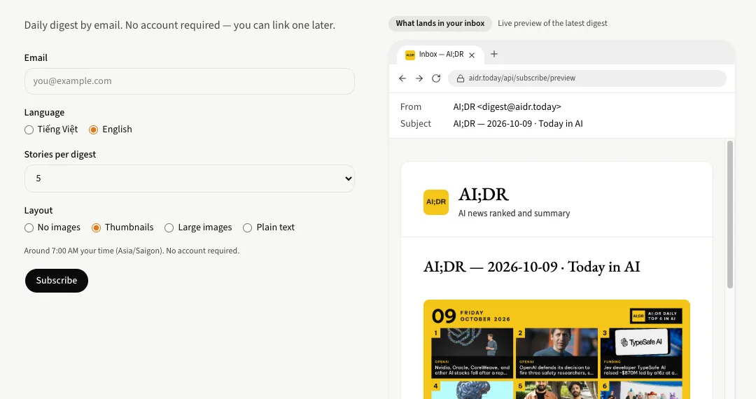 Tab Email: form đăng ký với lựa chọn ngôn ngữ, số tin và bố cục, bên cạnh bản xem trước email.