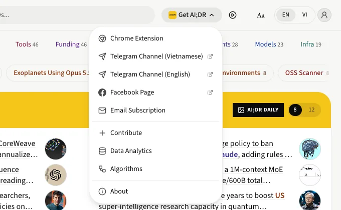 Menu Nhận AI;DR có mục Facebook Page và Contribute.